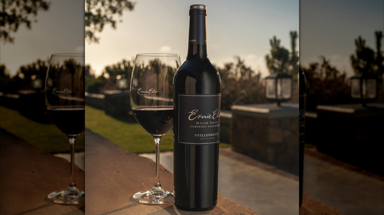 Bottle and glass of Ernie Els Cabernet Sauvignon red wine