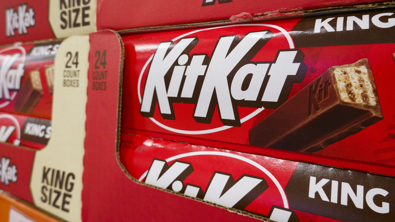 cases of KitKat are displayed at a Costco