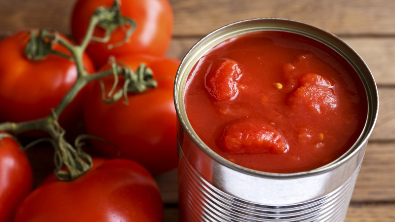 Can of chopped tomatoes next to fresh on-the-vine tomatoes