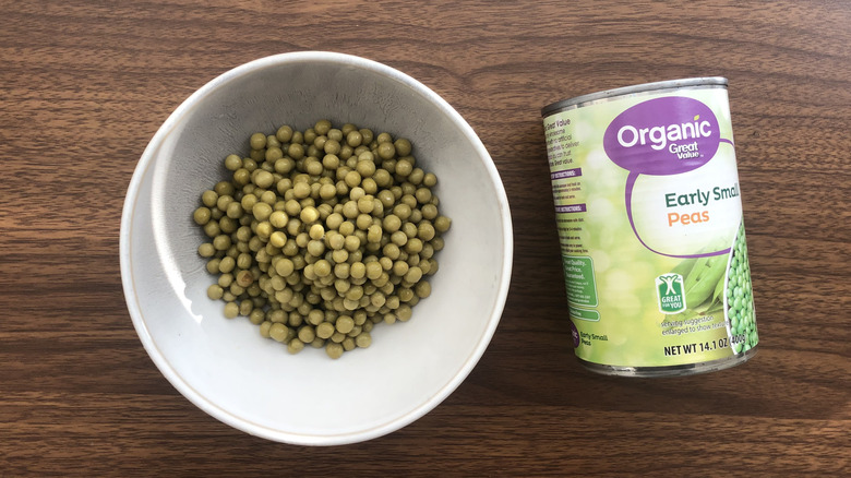 Great Value Organic canned early small peas in a bowl.