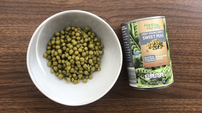 Aldi Happy Harvest canned very young small sweet peas in a bowl.