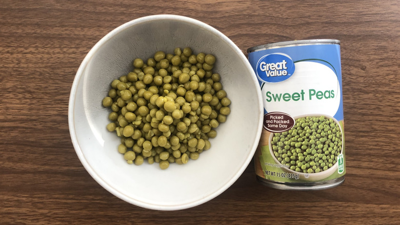 Great Value canned sweet peas in a bowl.