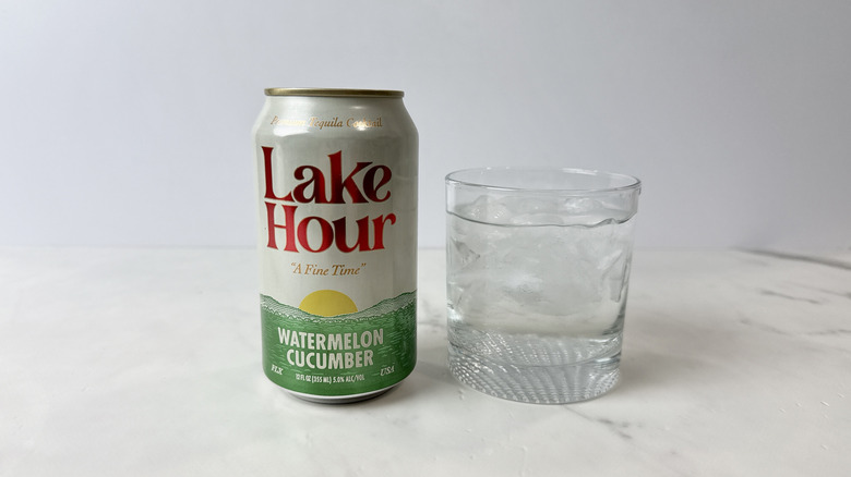 can of Lake Hour tequila cocktail and glass with cocktail