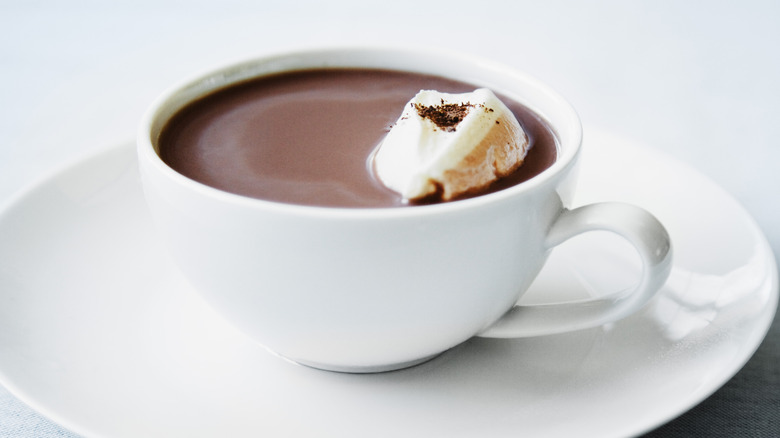 Hot chocolate in white mug with single large marshmallow
