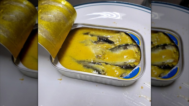 Mirrored image of open can of sardines in mustard on white plate
