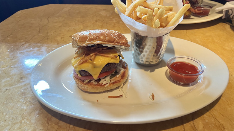 Cheesecake Factory Americana Cheeseburger and fries on plate.