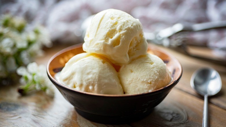 Bowl with three scoops of vanilla ice cream