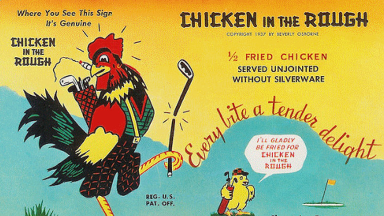 A chicken in the rough ad with the logo featuring the cigar smoking chicken in gold pants