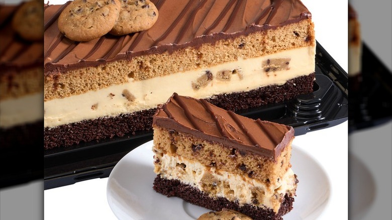 Chocolate chip cookie bar cake on a white background