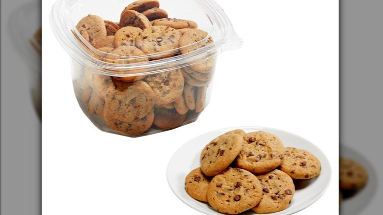 Mini chocolate chip cookies on a white background