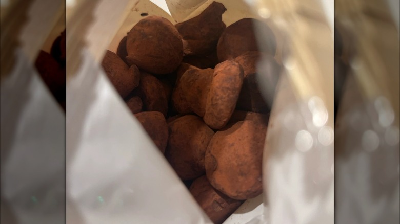 Peeking inside a bag of Trader Joe's (mint, in this case) Cocoa Truffles