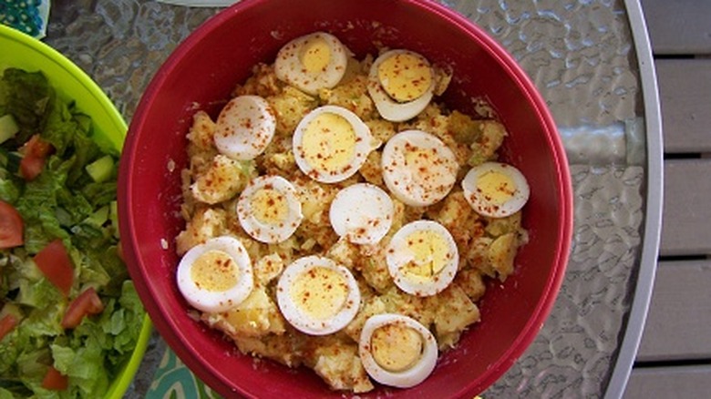 A red bowl full of potato salad sits on an outdoor table
