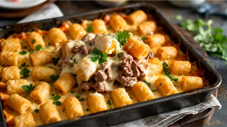 tater tot hot dish in a baking pan