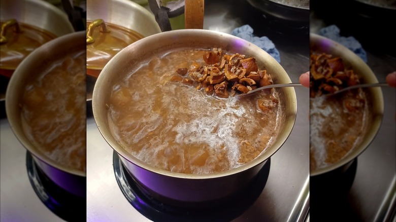 Kanuchi soup with hickory nuts in saucepan on stovetop, mirrored image.