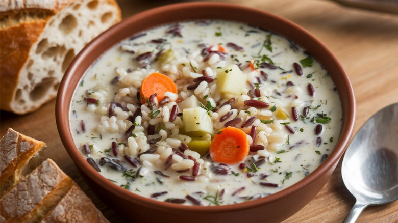 Wild rice soup in brown bowl topped with vegetables next to bread and spoon.