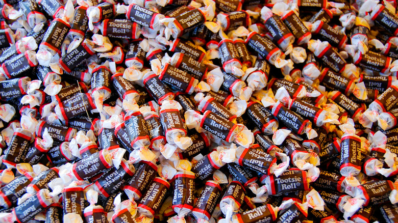 Closeup of pile of Tootsie Rolls
