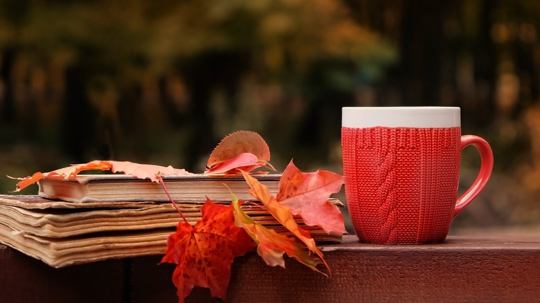 Coffee mug, books, and fall leaves