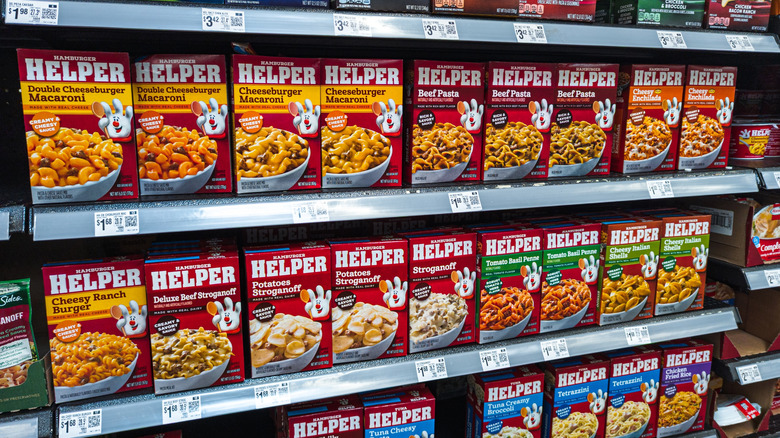 hamburger helper boxes on supermarket shelves