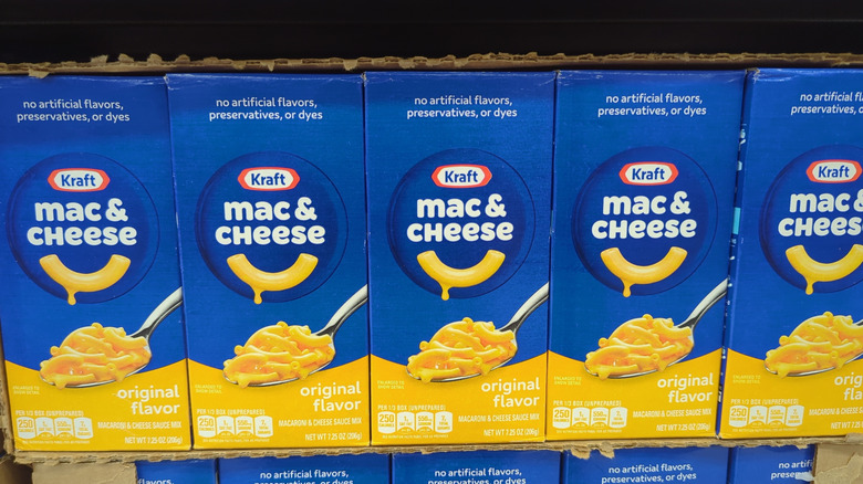 kraft mac and cheese boxes on a supermarket shelf
