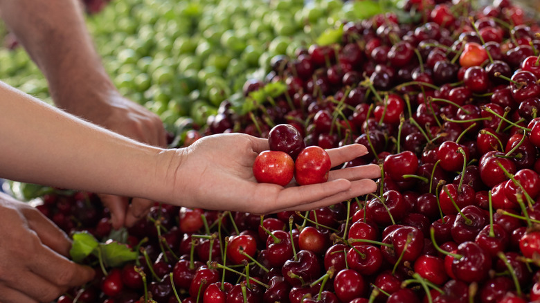 A woman holding cherries at market