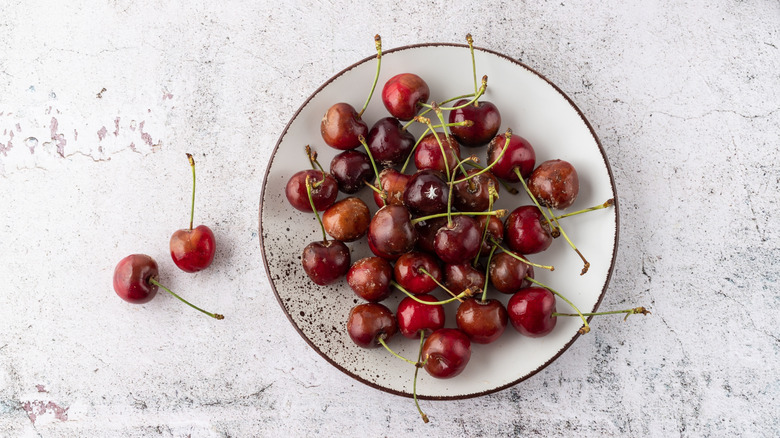Moldy cherries on white plate on grey background