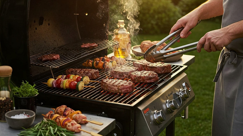a man in a gray apron, wielding two pairs of tongs as he manages steaks and kebabs on a gas grill