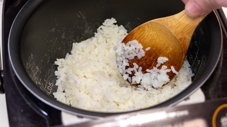 Wooden paddle fluffing rice in rice cooker