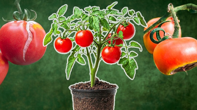 A composite image showing a tomato plant in the middle with images showing blossom end rot and cracked fruit either side