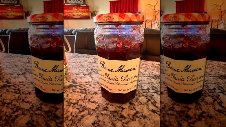 Costco Bonne Maman Four Fruits Preserves on granite countertop