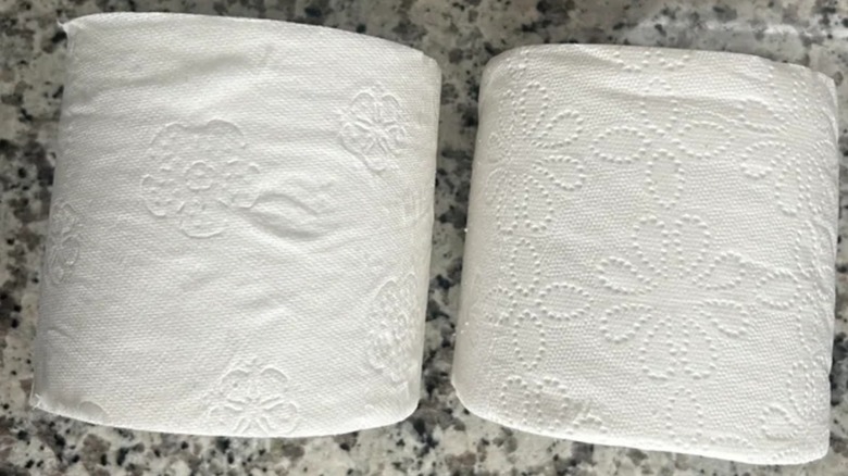 New and old rolls of Kirkland toilet paper.