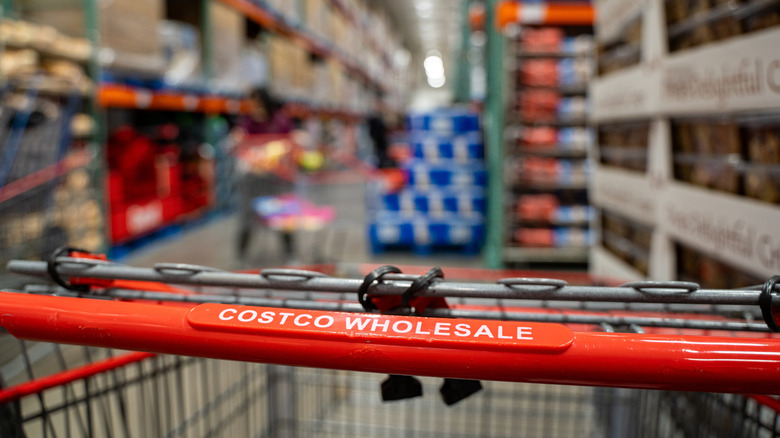 Close-up of a Costco Wholesale shopping cart inside a warehouse aisle.