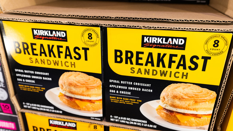 Kirkland Signature Frozen Breakfast Sandwich Croissant Egg Cheese Products Displayed On Costco Warehouse Freezer Department Shelf