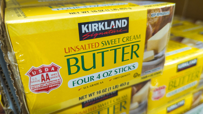 Close up of unsalted Kirkland butter on Costco shelf