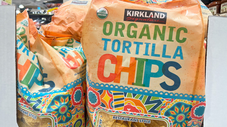 Close up of Kirkland Tortilla chips on Costco shelves
