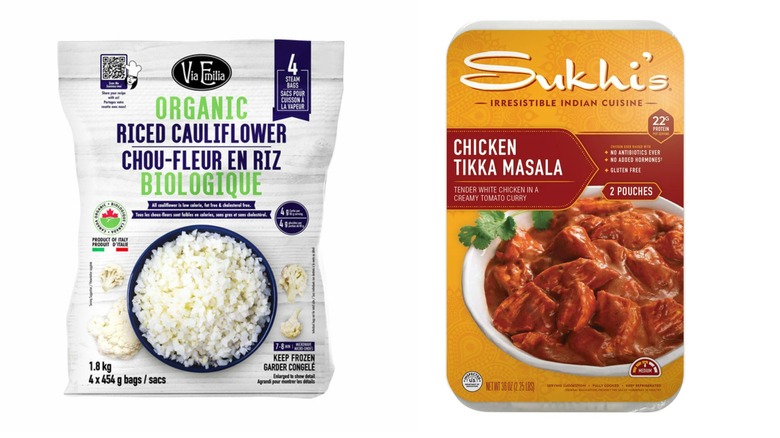 Costco riced cauliflower and chicken tikka masala products in their packaging