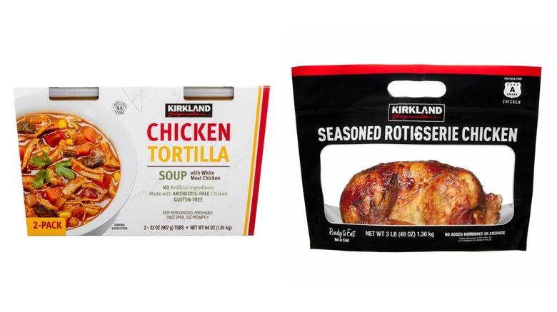 Costco chicken tortilla soup and seasoned rotisserie chicken products in their packaging