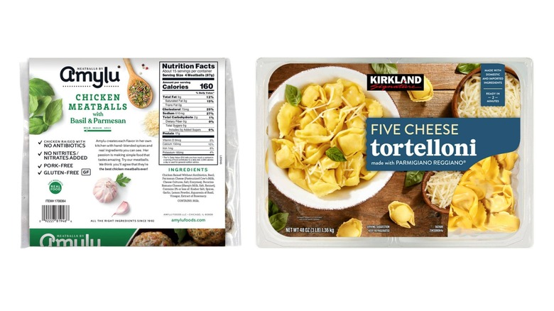 Costco five cheese tortelloni and chicken meatballs products in their packaging