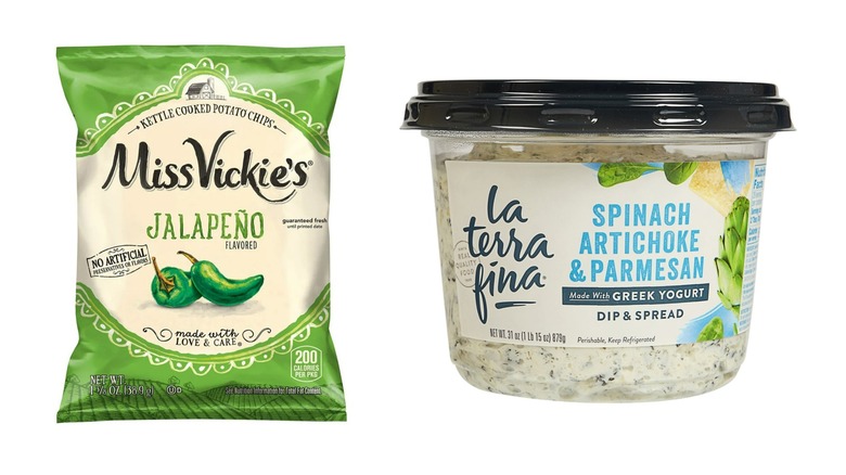 Costco jalapeño kettle chips and spinach artichoke dip products in their packaging