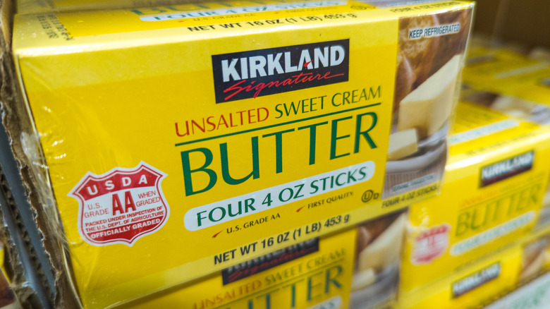 Close-up of box of Kirkland unsalted sweet cream butter