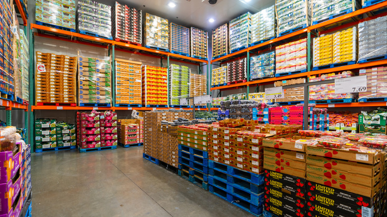Wide shot of the large fruit and veg refrigerator in Costco