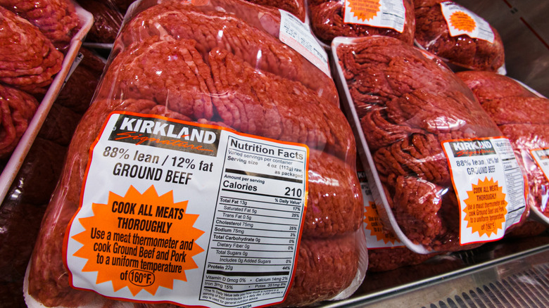 Close-up image of packages of Kirkland Signature ground beef