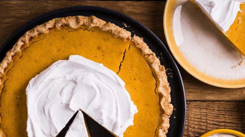 Pumpkin pie topped with whipped mascarpone