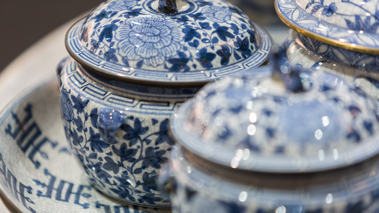 Vintage dishes placed on table with selective focus