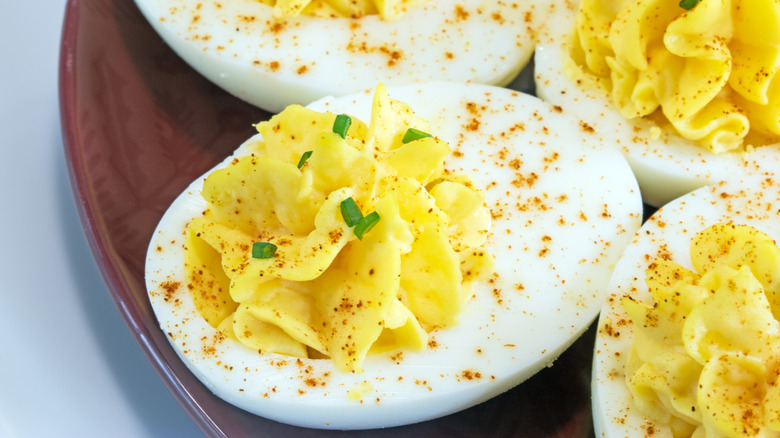 Close up of deviled eggs on serving tray