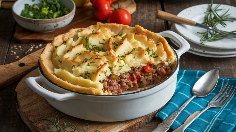 A shepherd's pie in a casserole dish with a serving taken out surrounded by plates and bowls