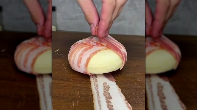 Wrapping Babybel cheese in strips of bacon