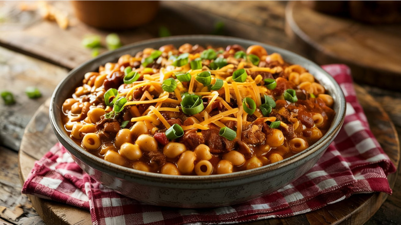 Hearty mac with elbow macaroni and meaty chili