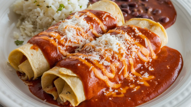 Tortillas stuffed with cheese smothered in enchilada sauce