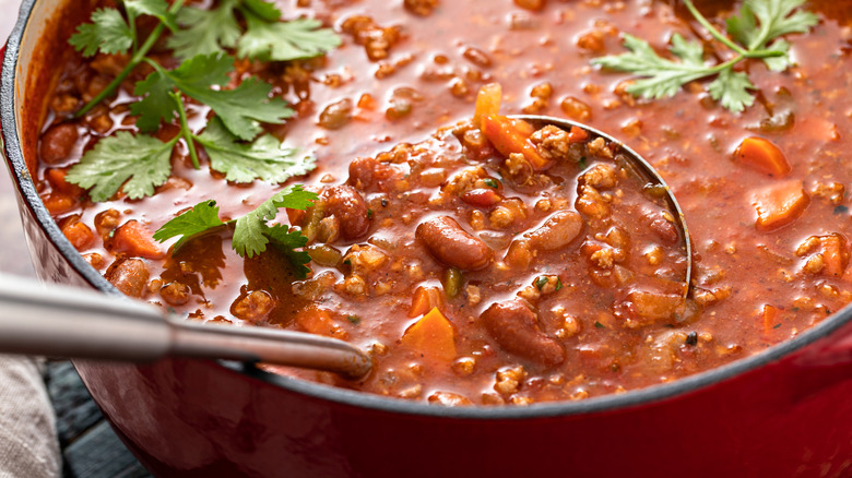 Pot of meat and bean chili with ladle, garnished with fresh cilantro