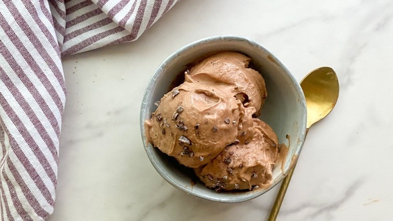 Three scoops of chocolate ice cream in bowl, topped with cacao nibs